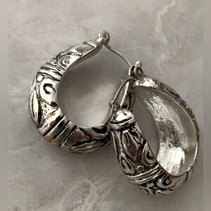 Silver Tone Ornate Western Stirrup Hoop Earrings